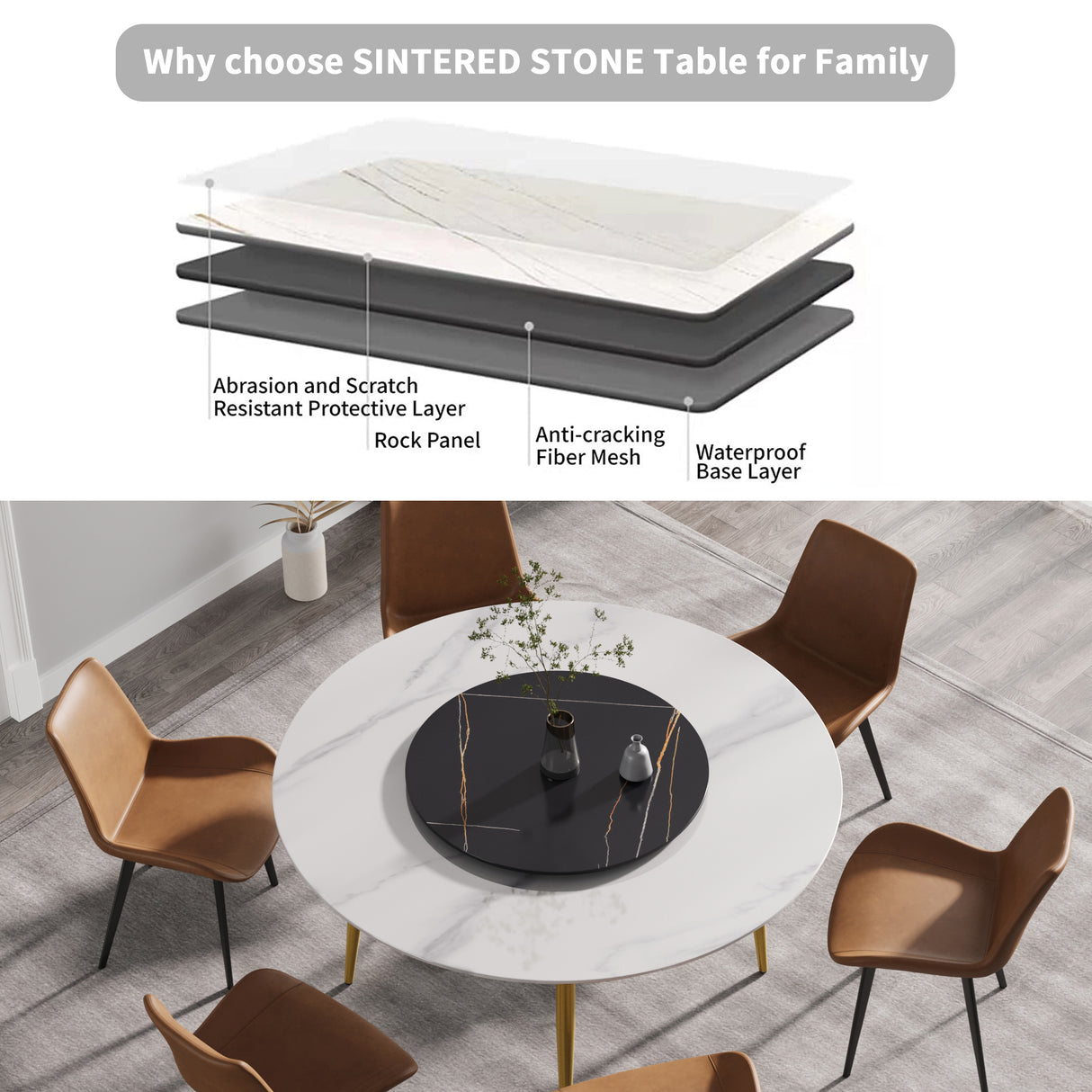 59.05"Modern artificial stone round golden metal dining table - can accommodate 6 people - 31.5"black artificial stone turntable | Home Elegance USA