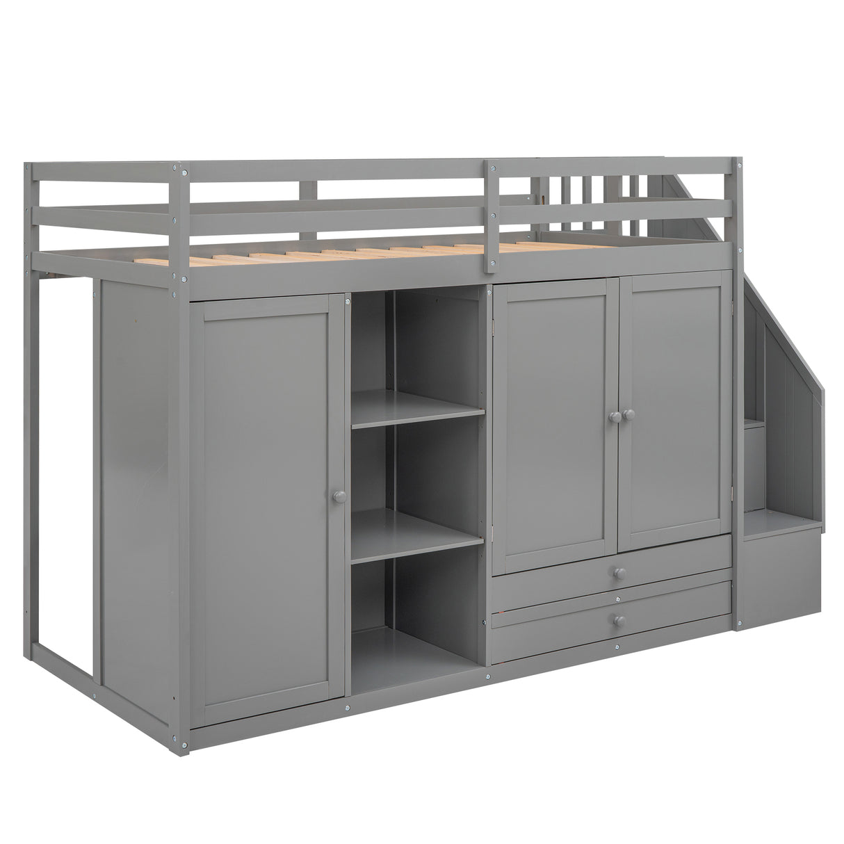 Functional Loft Bed with 3 Shelves, 2 Wardrobes and 2 Drawers, Ladder with Storage, No Box Spring Needed, Gray - Home Elegance USA