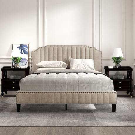 3 Pieces Bedroom Set Modern Linen Curved Upholstered Beige Platform King Bed with Two Black Cherry Nightstands - Home Elegance USA