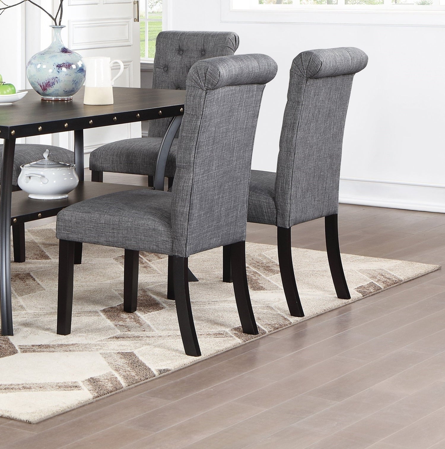 Classic Dining Room Furniture Natural Wooden Rectangle Top Dining Table 6x Side Chairs Charcoal Fabric Tufted Toll Back Top Back Chair Nail heads Trim and Storage Shelve 7pc Dining Set - Home Elegance USA