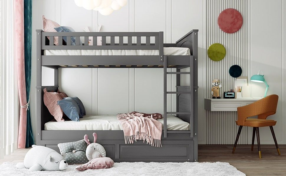 Full Over Full Bunk Bed with Twin Size Trundle, Pine Wood Bunk Bed with Guardrails, Brushed Gray(Old SKU:LP000044AAN) - Home Elegance USA