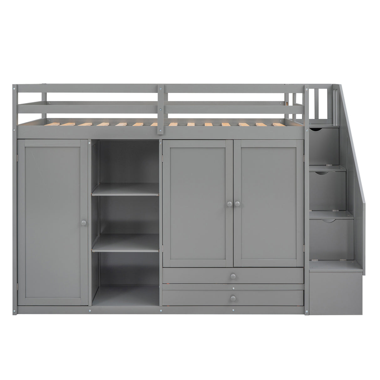 Functional Loft Bed with 3 Shelves, 2 Wardrobes and 2 Drawers, Ladder with Storage, No Box Spring Needed, Gray - Home Elegance USA