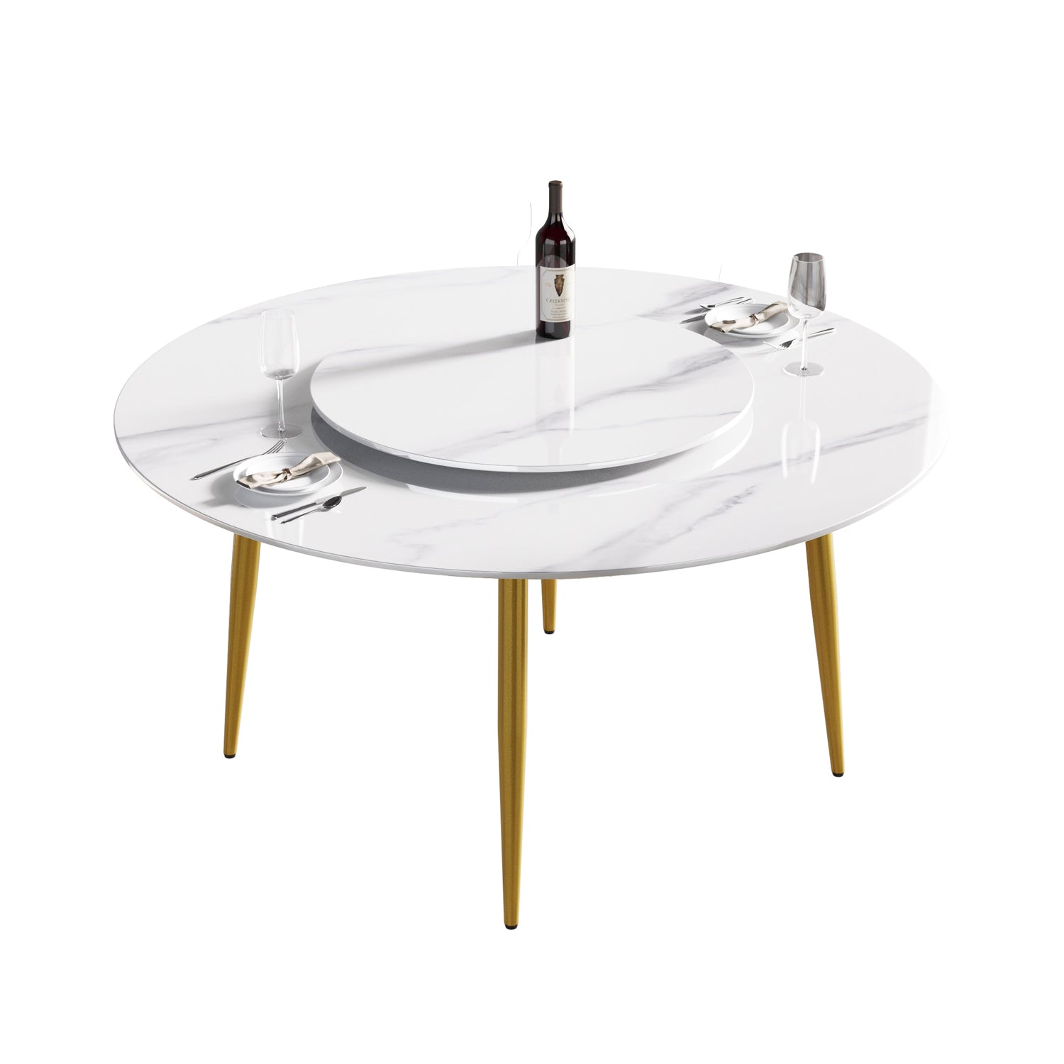 59.05"Modern artificial stone round golden metal dining table - can accommodate 6 people - 31.5"white artificial stone turntable | Home Elegance USA