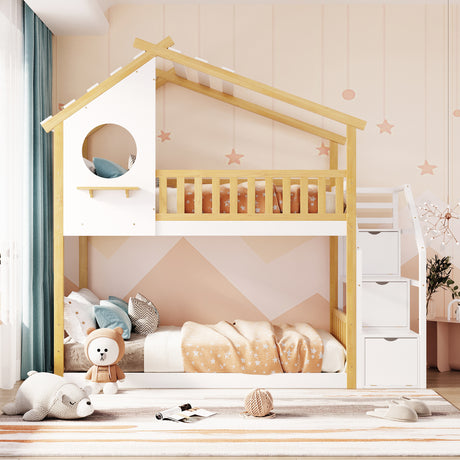 Stairway Twin-Over-Twin Bunk Bed,House Bed,Storage and Guard Rail,Natural Bed +White Stair(OLD SKU :LT000308AAK) - Home Elegance USA