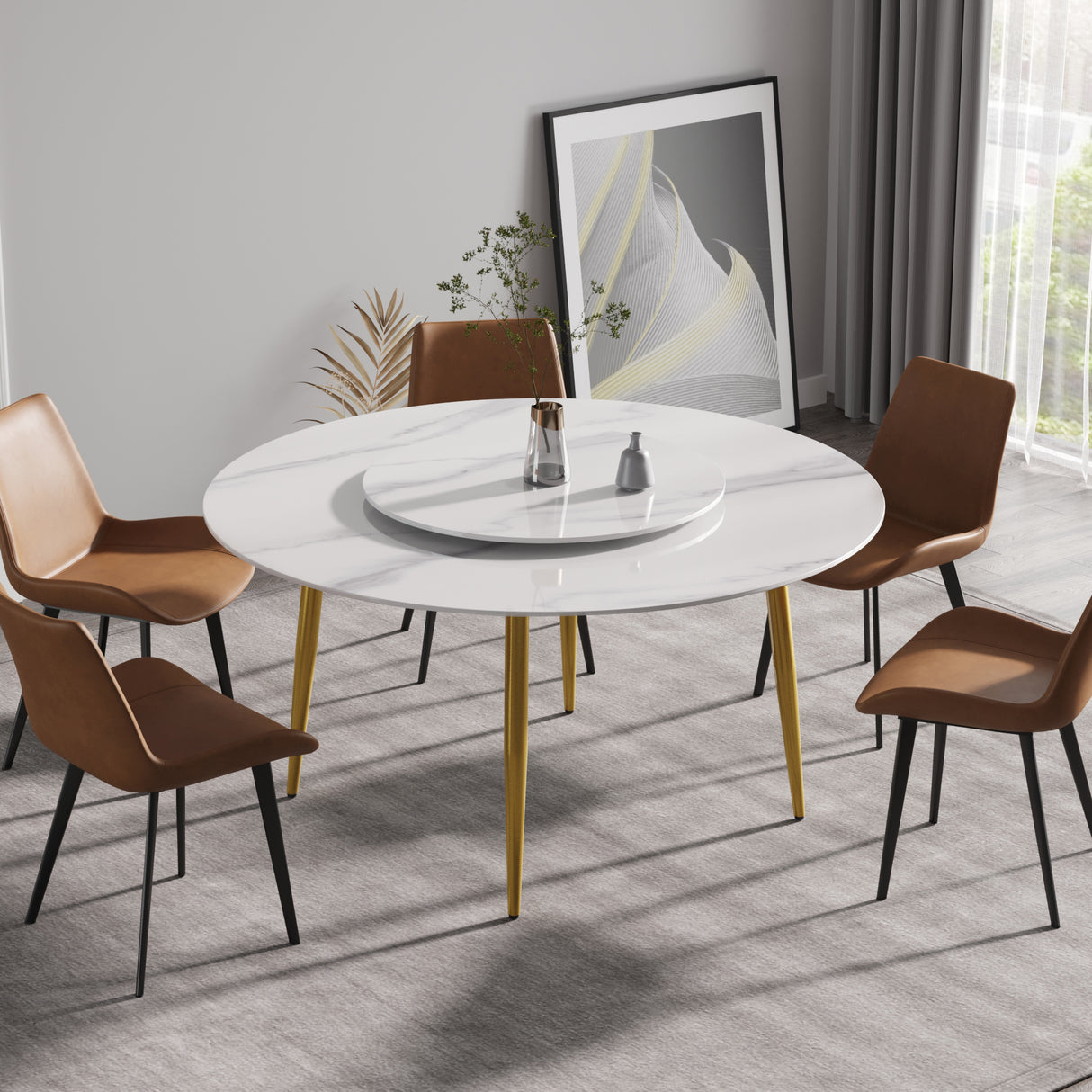 59.05"Modern artificial stone round golden metal dining table - can accommodate 6 people - 31.5"white artificial stone turntable | Home Elegance USA