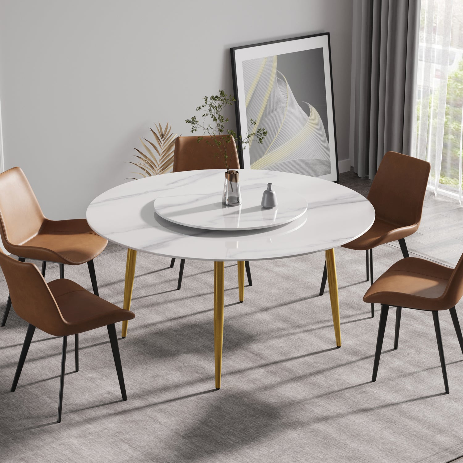 59.05"Modern artificial stone round golden metal dining table - can accommodate 6 people - 31.5"white artificial stone turntable | Home Elegance USA