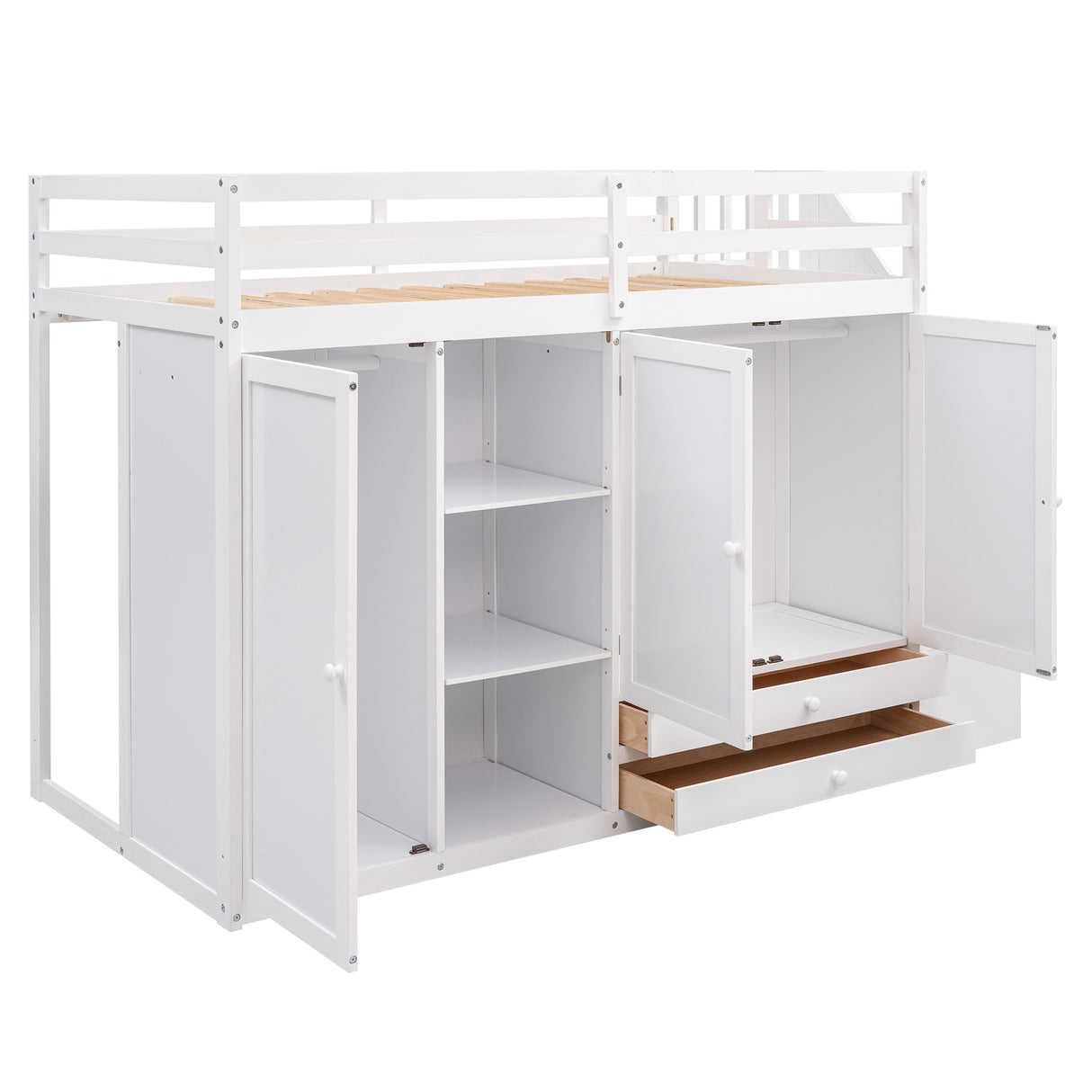 Functional Loft Bed with 3 Shelves, 2 Wardrobes and 2 Drawers, Ladder with Storage, No Box Spring Needed, White - Home Elegance USA