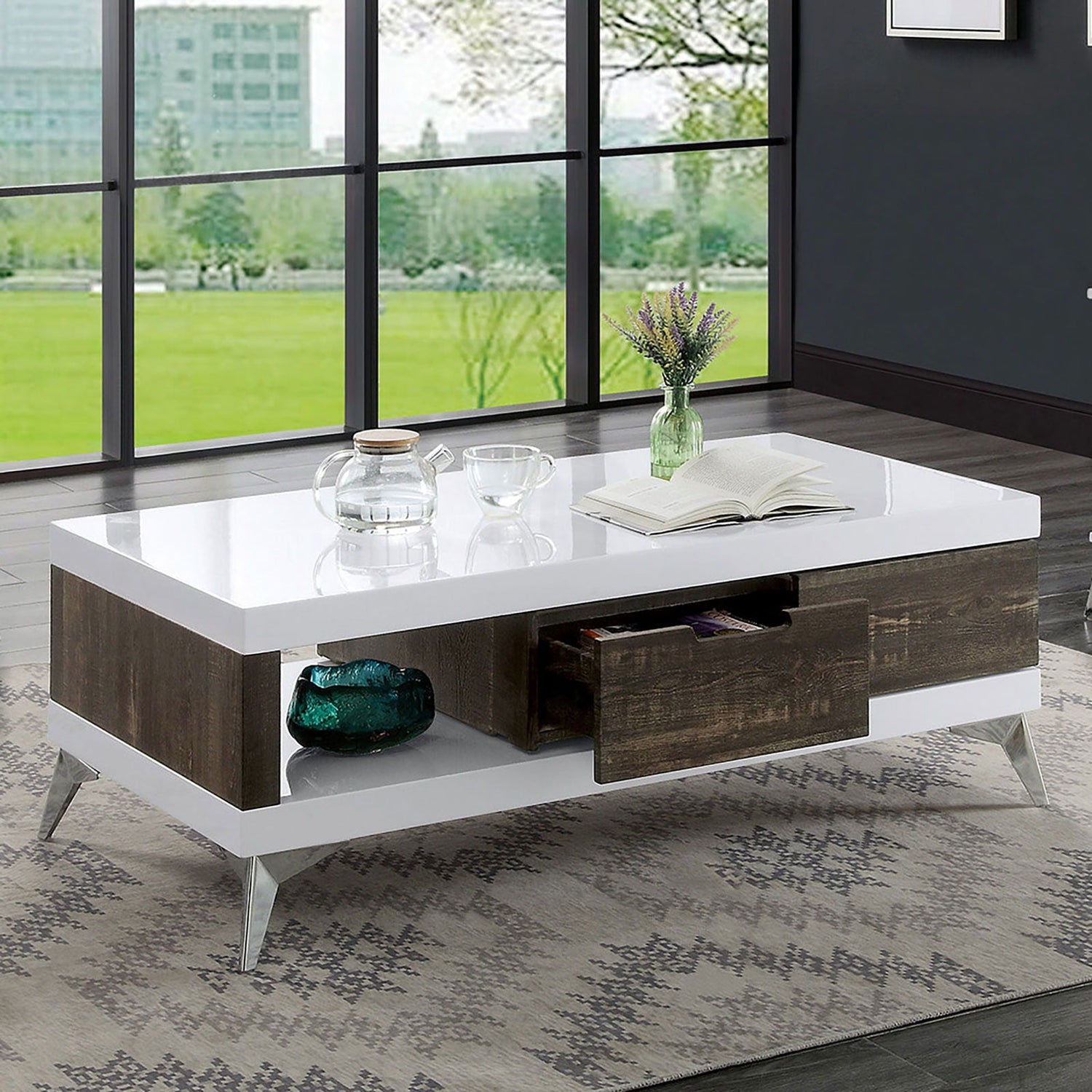 Corinne - Coffee Table - White / Distressed Dark Oak | Home Elegance USA