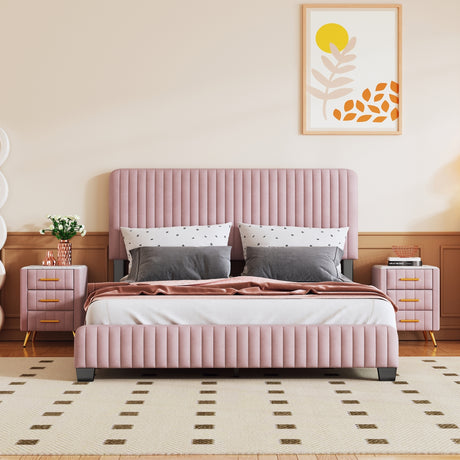 3-Pieces Bedroom Sets, Queen Size Upholstered Platform Bed with Two Nightstands, Nightstands with Marbling Worktop and Metal Legs&Handles, Velvet,Pink - Home Elegance USA