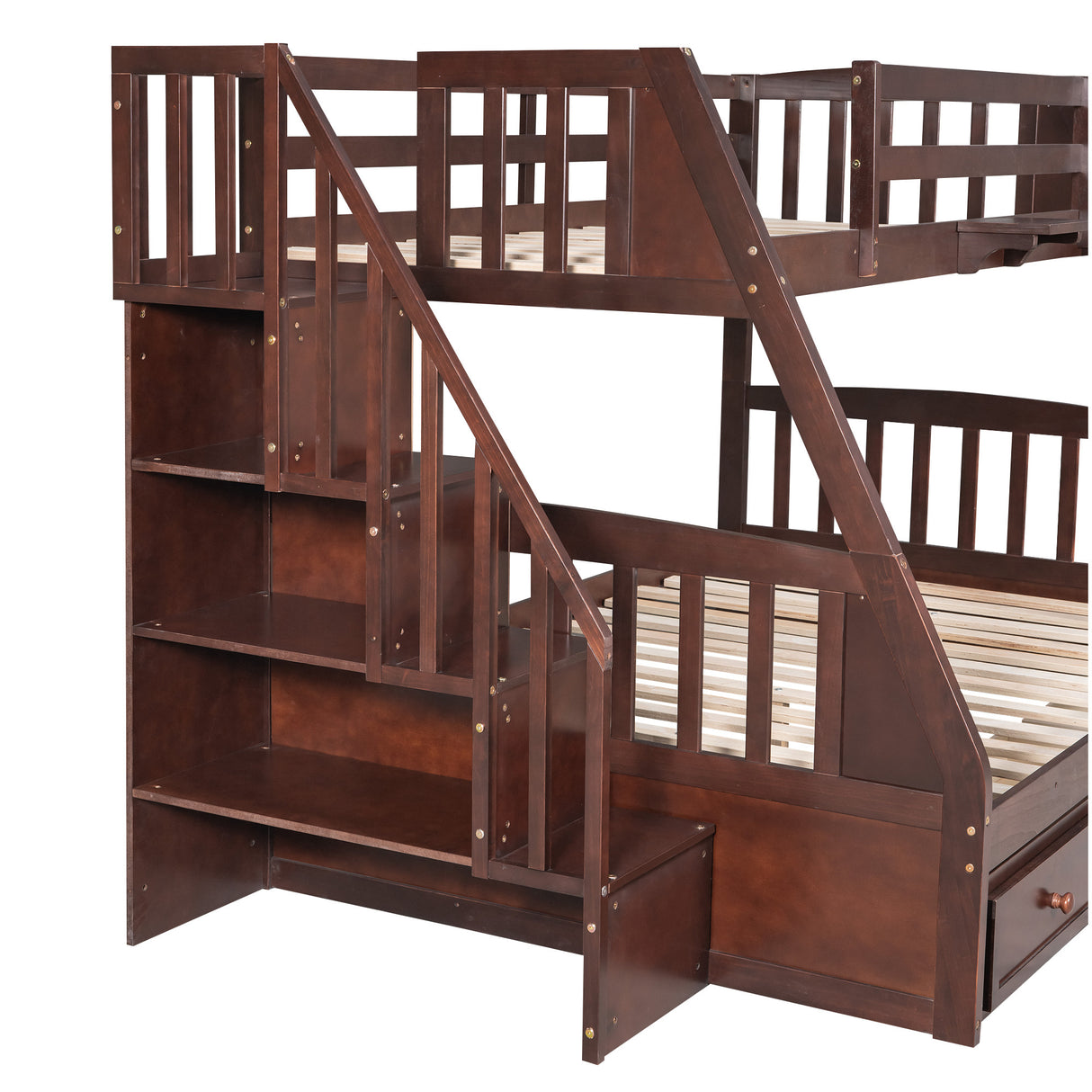 Twin-Over-Full Bunk Bed with Drawers,Ladder and Storage Staircase, Espresso - Home Elegance USA