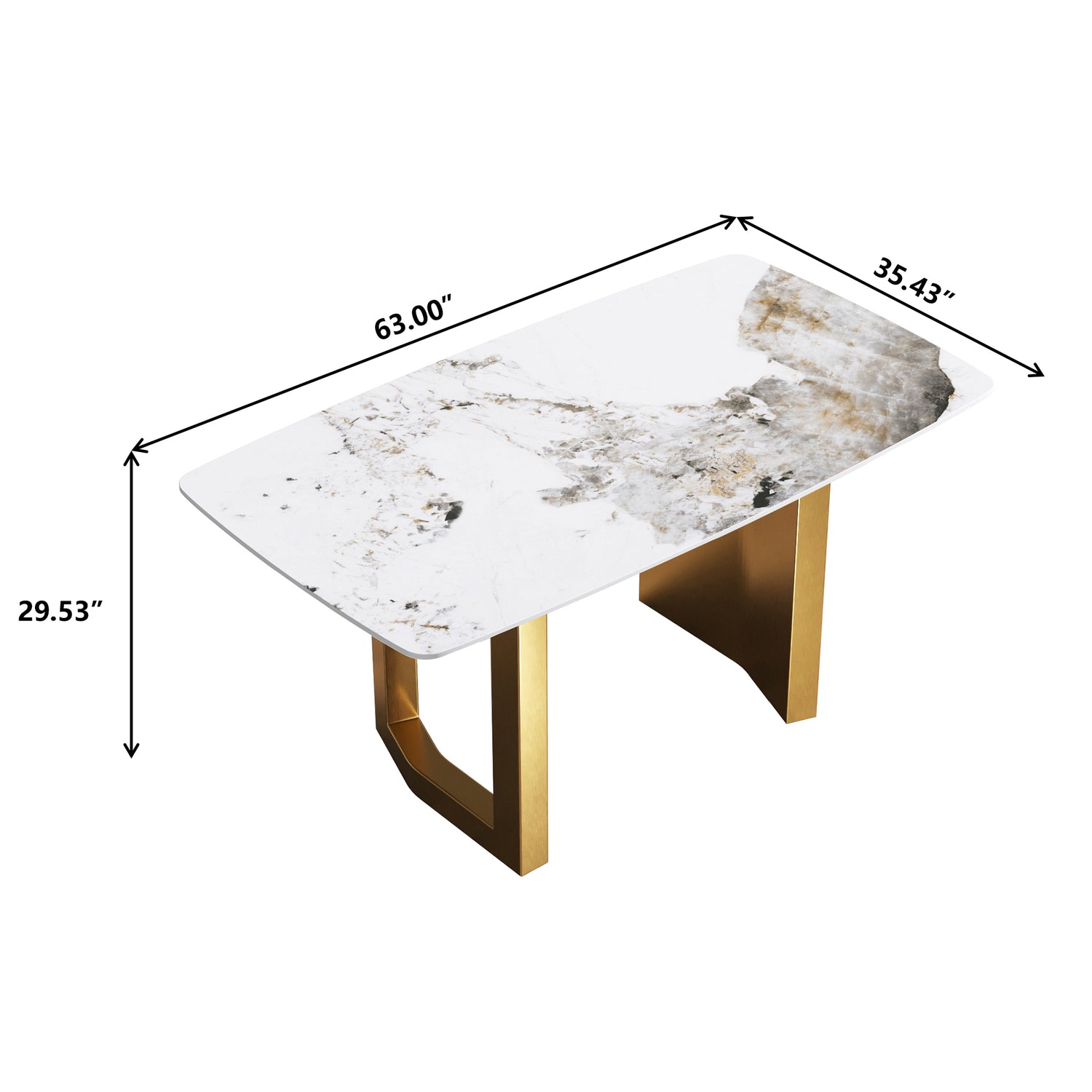 63"Modern artificial stone pandora white curved golden metal leg dining table - 6 people | Home Elegance USA