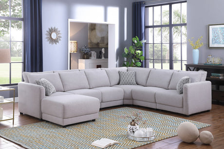 Penelope Light Gray Linen Fabric Reversible 7PC Modular Sectional Sofa with Ottoman and Pillows - Home Elegance USA