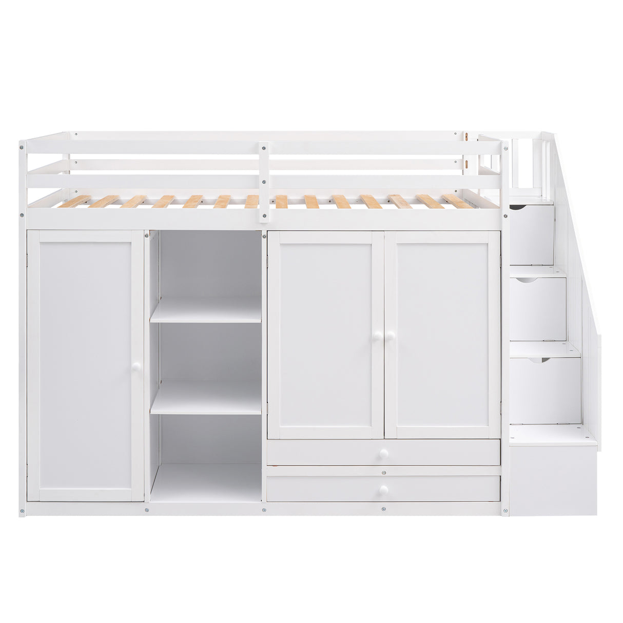 Functional Loft Bed with 3 Shelves, 2 Wardrobes and 2 Drawers, Ladder with Storage, No Box Spring Needed, White - Home Elegance USA