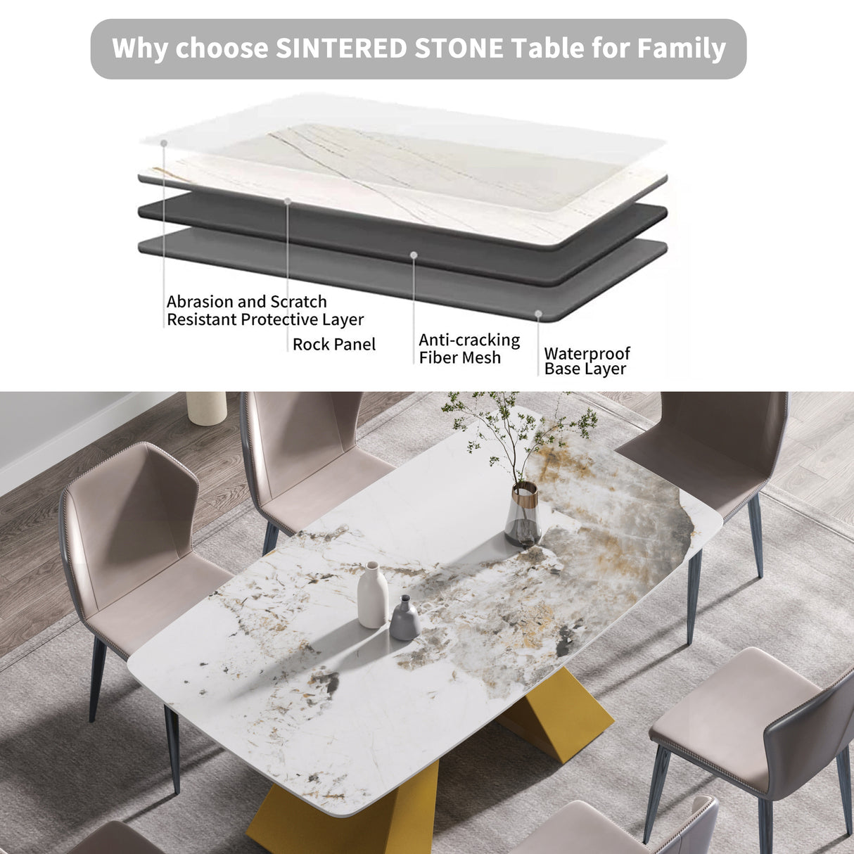 63"Modern artificial stone pandora white curved golden metal leg dining table - 6 people | Home Elegance USA