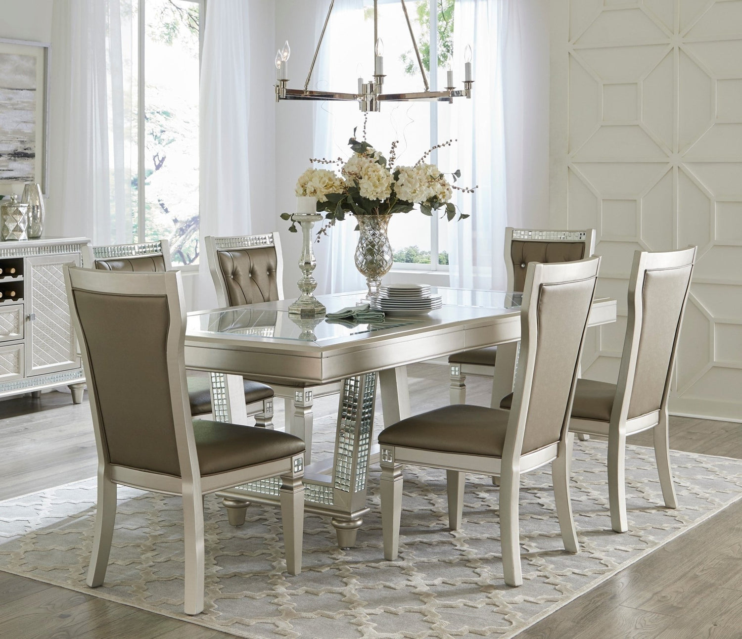 Glamorous Style Dining 7pc Set Champagne Finish Table w Leaf Glass Insert Top Upholstered Tufted 6x Side Chairs Traditional Dining Room Furniture - Home Elegance USA