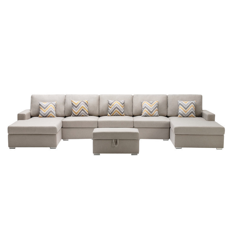 Nolan Beige Linen Fabric 6Pc Double Chaise Sectional Sofa with Interchangeable Legs, Storage Ottoman, and Pillows - Home Elegance USA