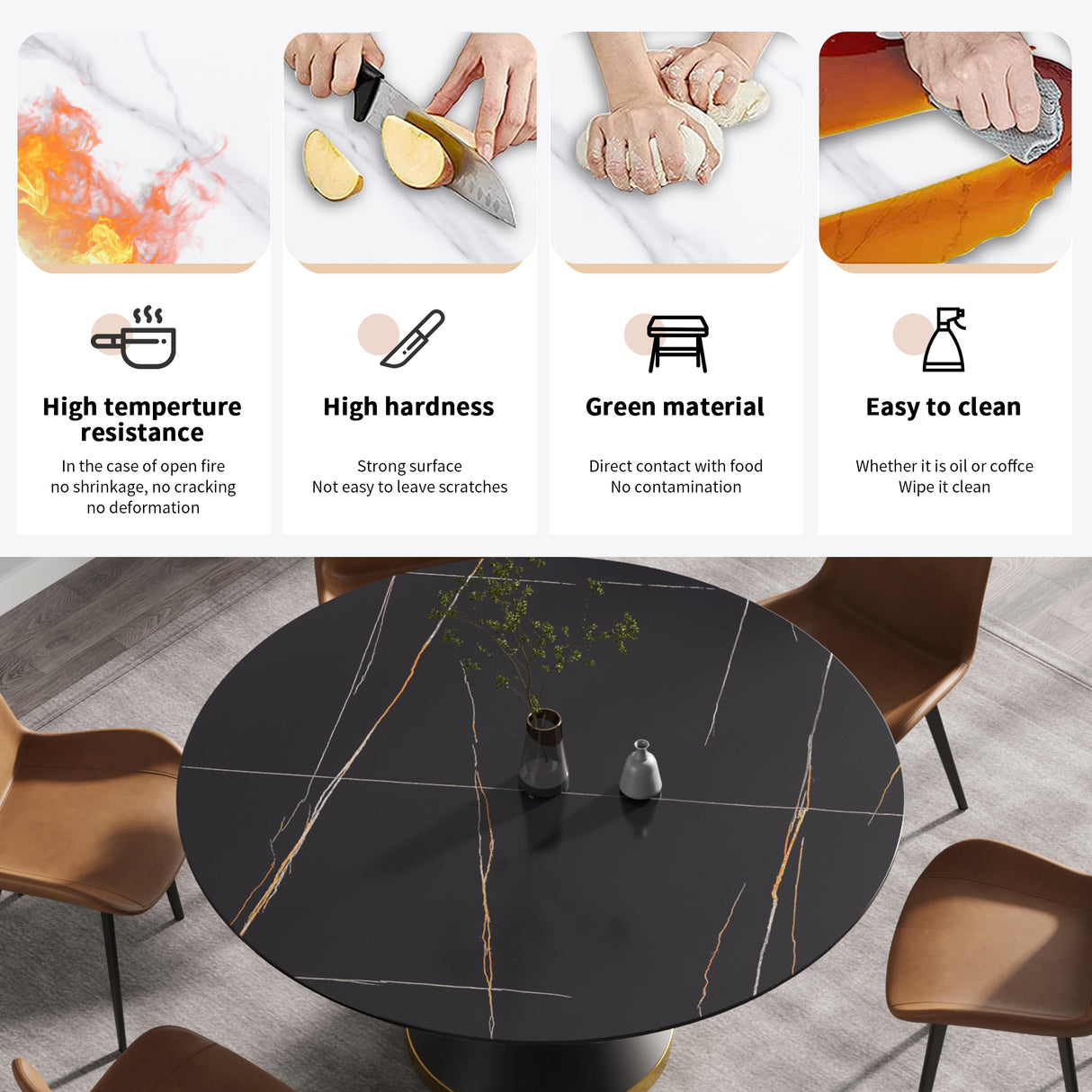 59.05"Modern artificial stone round black carbon steel base dining table - can accommodate 6 people | Home Elegance USA