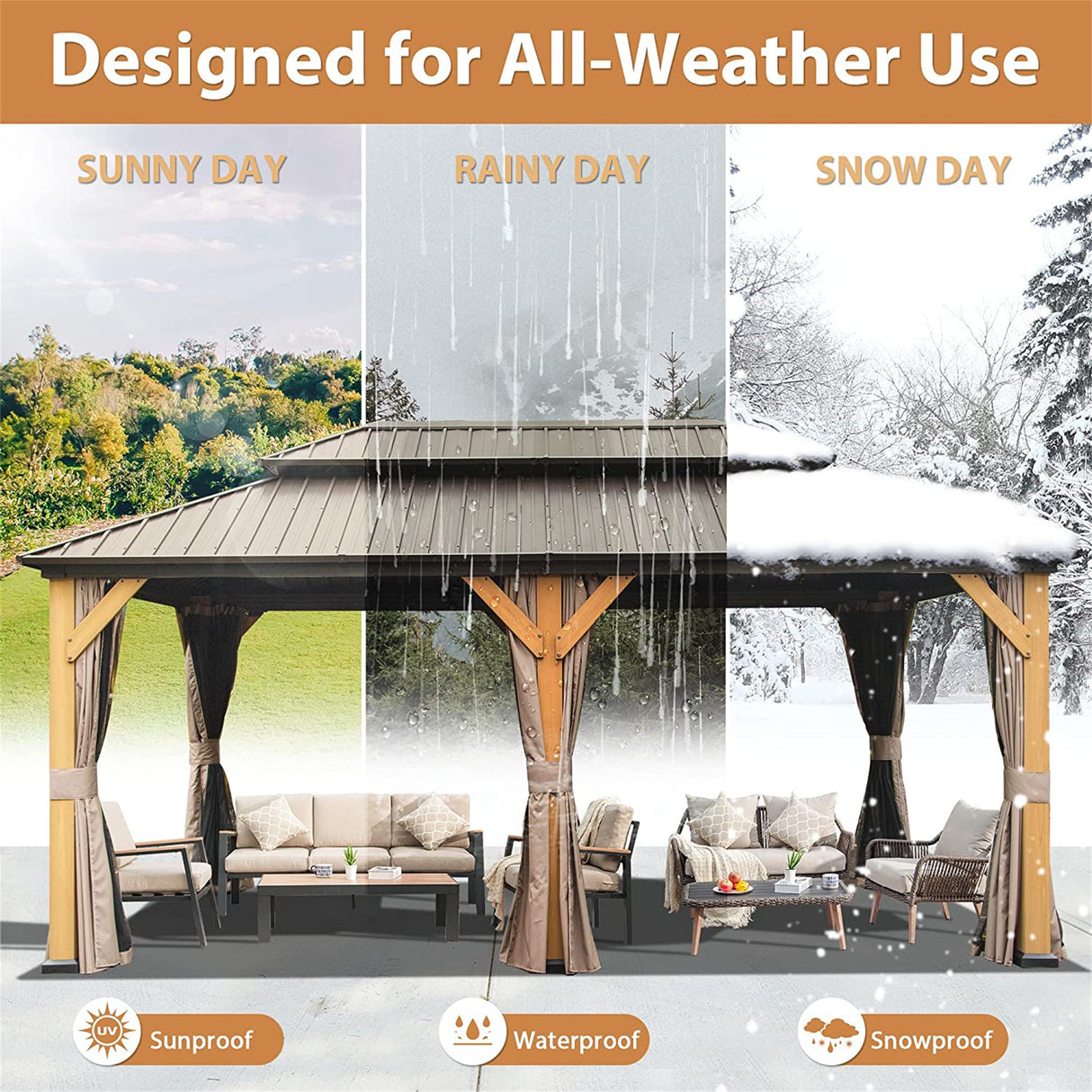 12'x20' Hardtop Gazebo, Outdoor Cedar Wood Frame Canopy with Galvanized Steel Double Roof, Outdoor Permanent Metal Pavilion with Curtains and Netting for Patio, Backyard and Lawn(Brown) | Home Elegance USA