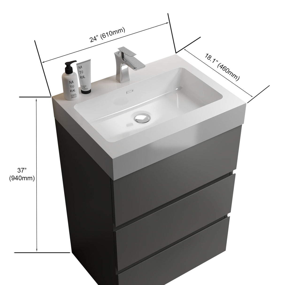 Alice 24" Gray Bathroom Vanity with Sink, Large Storage Freestanding Bathroom Vanity for Modern Bathroom, One - Piece White Sink Basin without Drain and Faucet | Home Elegance USA