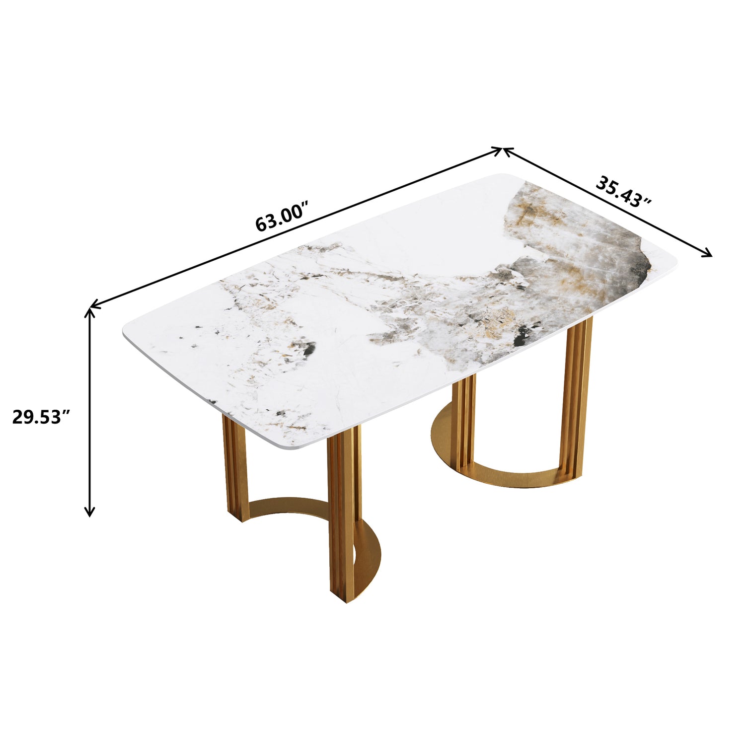 63"Modern artificial stone pandora white curved golden metal leg dining table - 6 people | Home Elegance USA
