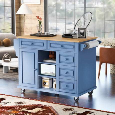 K&K kitchen cart with Rubber wood desktop rolling mobile kitchen island with storage and 5 draws 53 Inch width （Blue） - Home Elegance USA