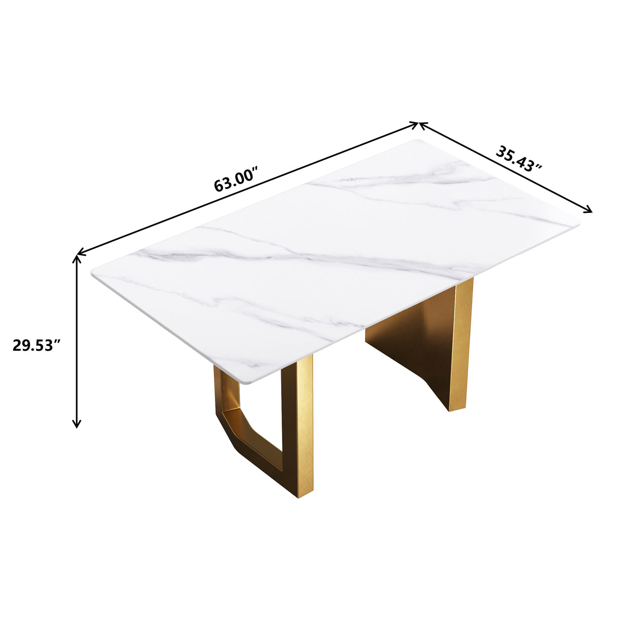 63"Modern artificial stone white straight edge golden metal leg dining table - 6 people | Home Elegance USA