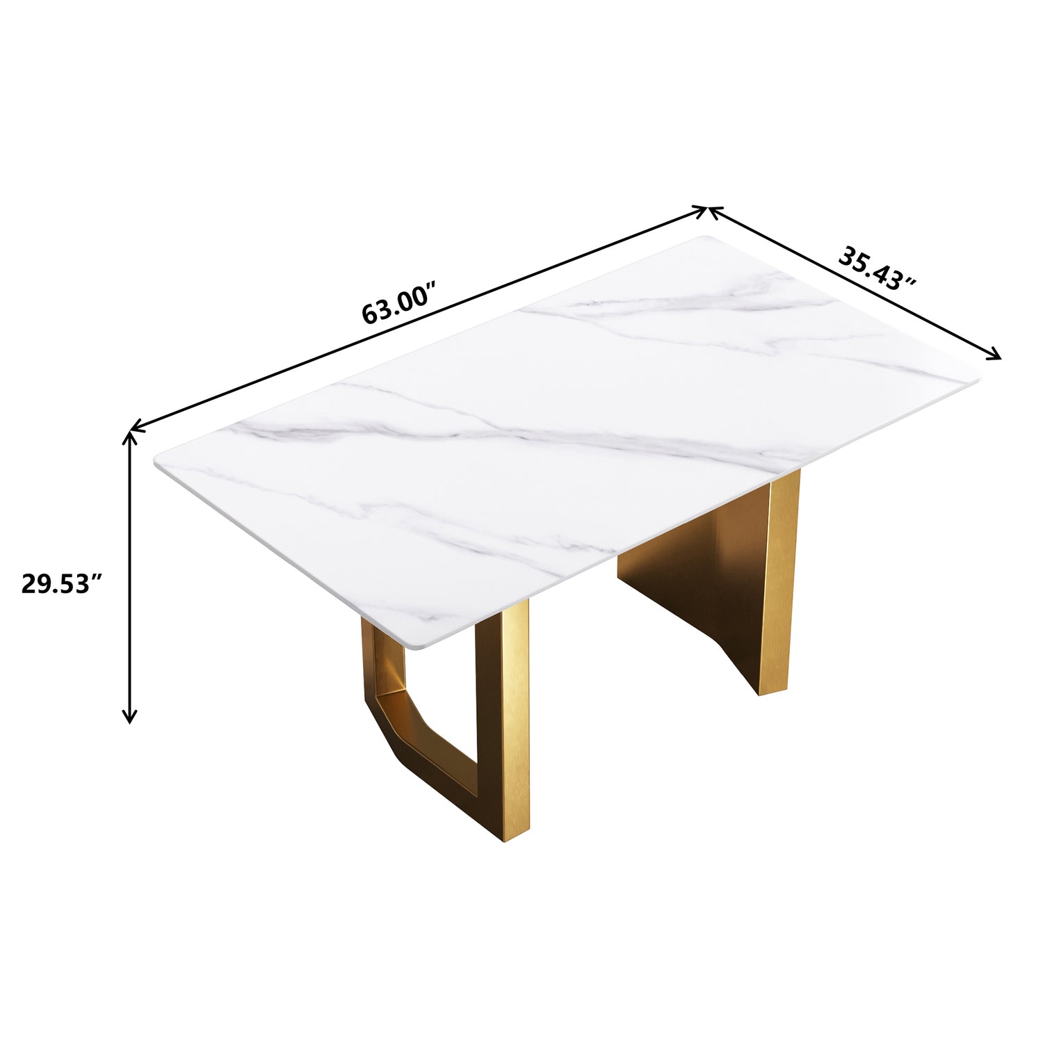 63"Modern artificial stone white straight edge golden metal leg dining table - 6 people | Home Elegance USA