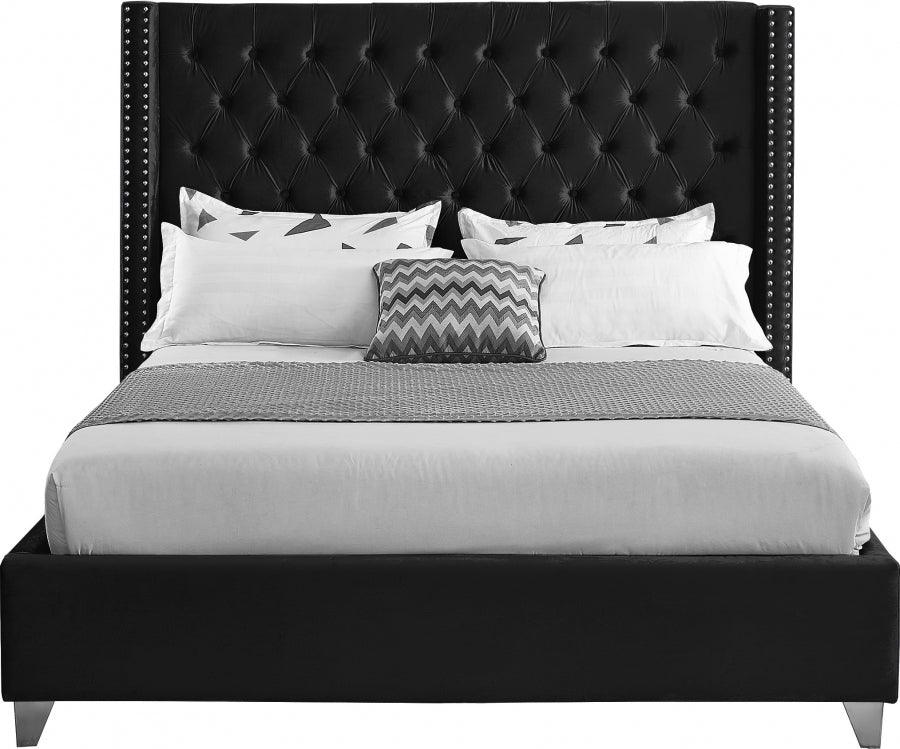 Aiden Velvet Queen Bed In Black - Aidenblack - Q | Meridian | Home Elegance USA
