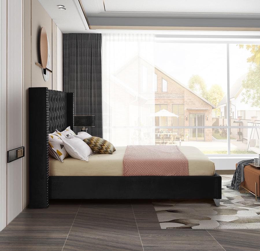 Aiden Velvet Queen Bed In Black - Aidenblack - Q | Meridian | Home Elegance USA