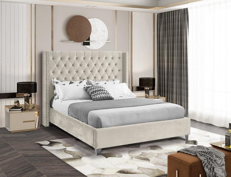 Aiden Velvet Queen Bed In Cream - Aidencream - Q | Meridian | Home Elegance USA