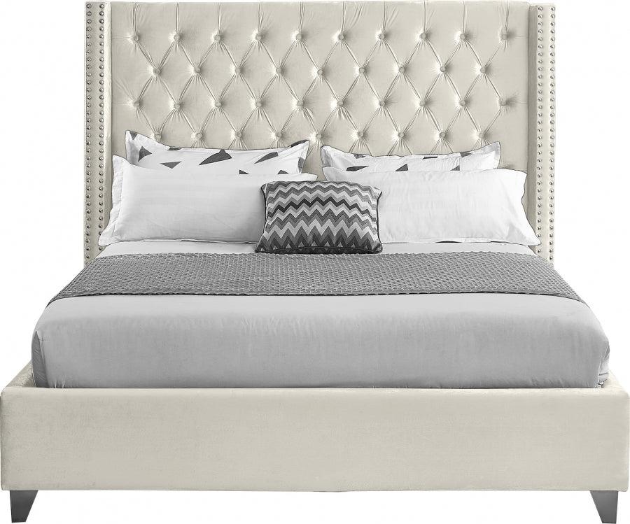 Aiden Velvet Queen Bed In Cream - Aidencream - Q | Meridian | Home Elegance USA