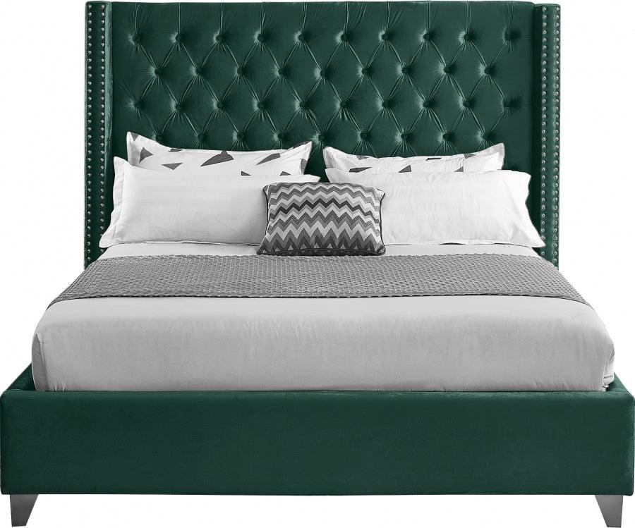 Aiden Velvet Queen Bed In Green - Aidengreen - Q | Meridian | Home Elegance USA