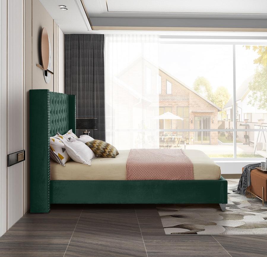 Aiden Velvet Queen Bed In Green - Aidengreen - Q | Meridian | Home Elegance USA