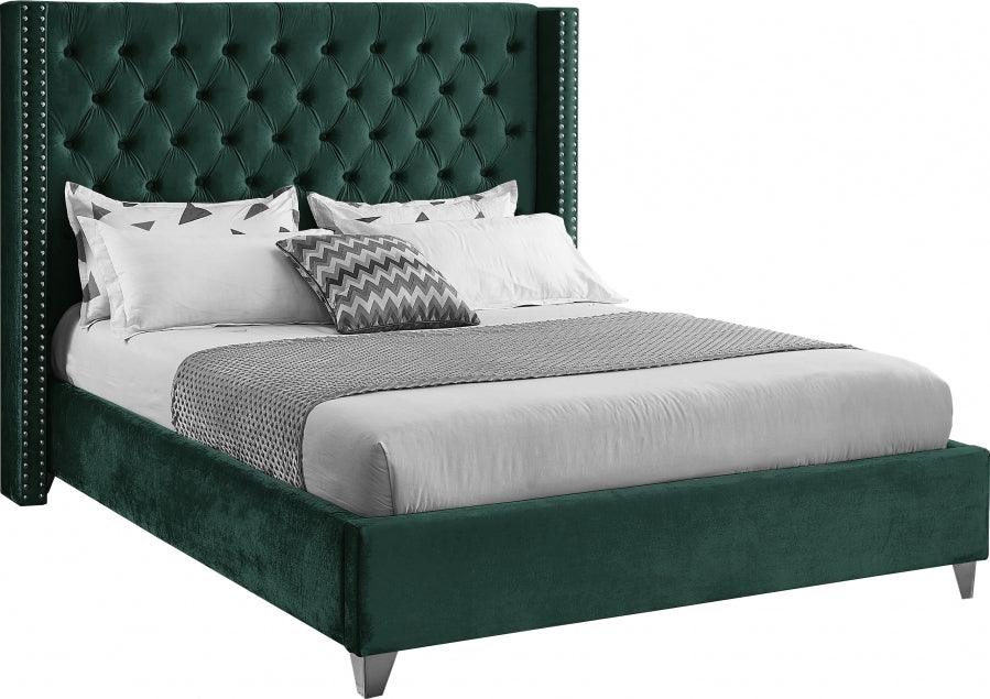 Aiden Velvet Queen Bed In Green - Aidengreen - Q | Meridian | Home Elegance USA