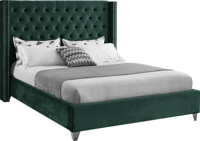 Aiden Velvet Queen Bed In Green - Aidengreen - Q | Meridian | Home Elegance USA