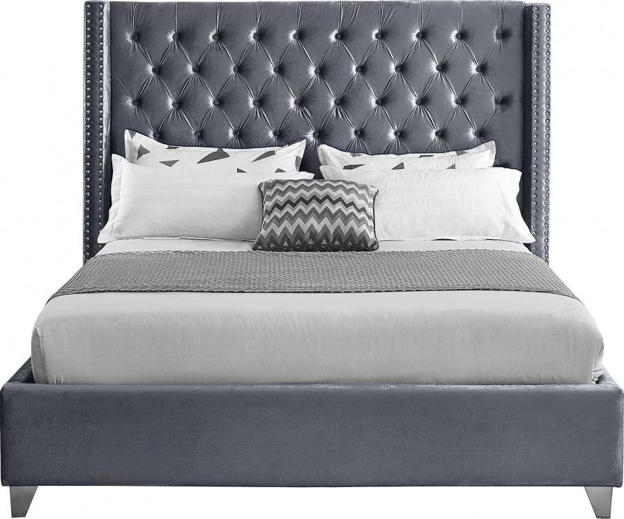 Aiden Velvet Queen Bed In Grey - Aidengrey - Q | Meridian | Home Elegance USA