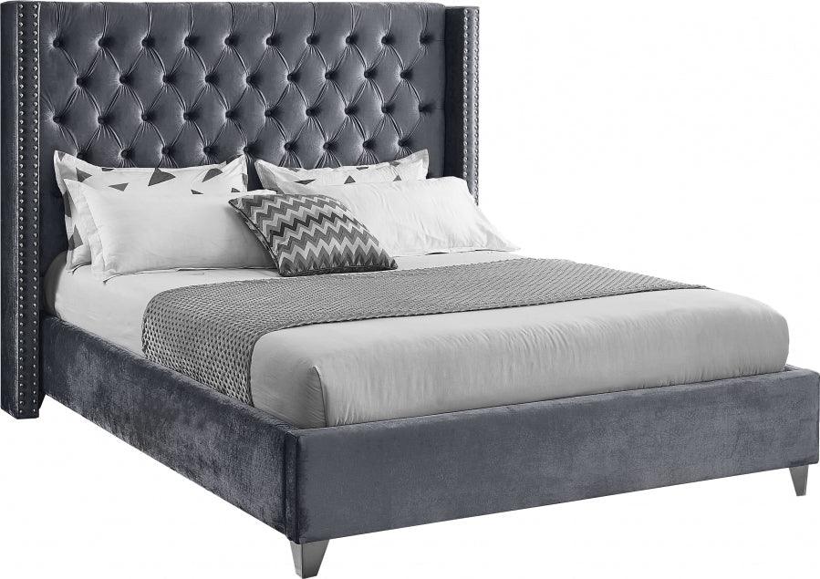Aiden Velvet King Bed In Grey - Aidengrey - K | Meridian | Home Elegance USA