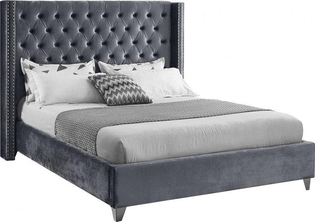 Aiden Velvet King Bed In Grey - Aidengrey - K | Meridian | Home Elegance USA