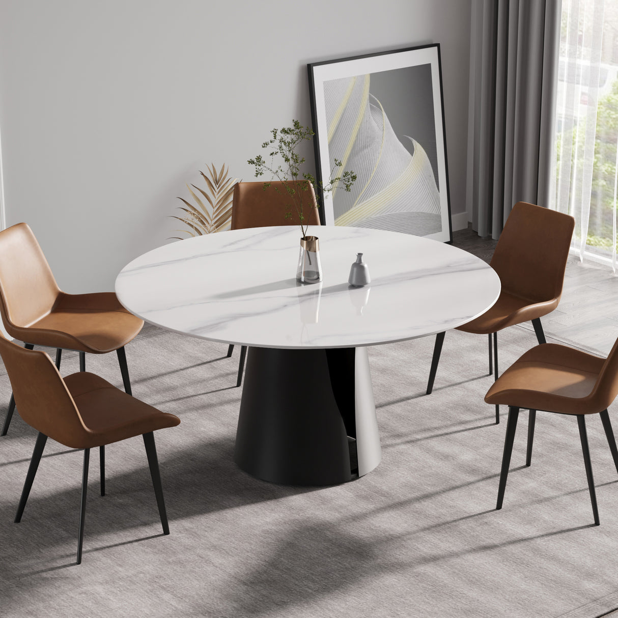 59.05"Modern artificial stone round black carbon steel base dining table - can accommodate 6 people | Home Elegance USA