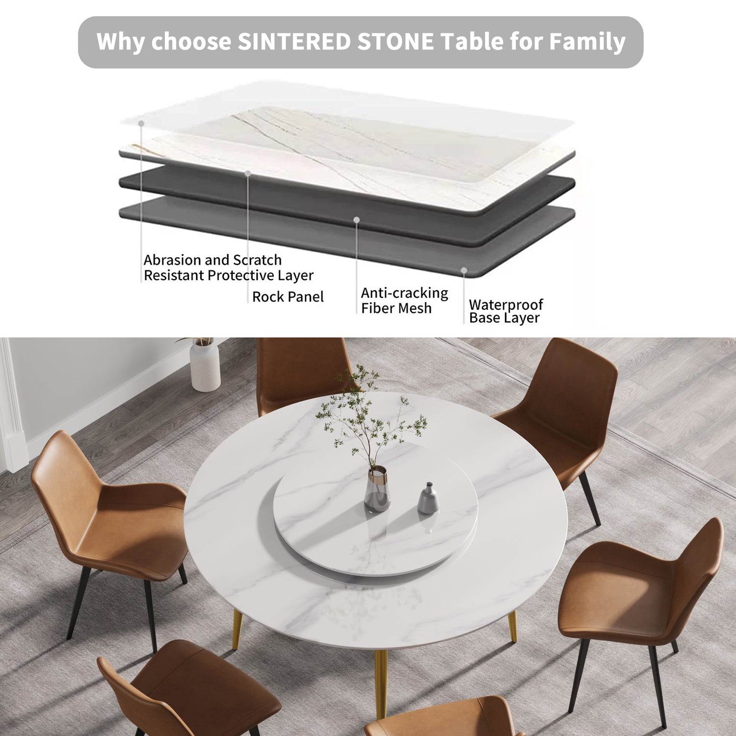 59.05"Modern artificial stone round golden metal dining table - can accommodate 6 people - 31.5"white artificial stone turntable | Home Elegance USA