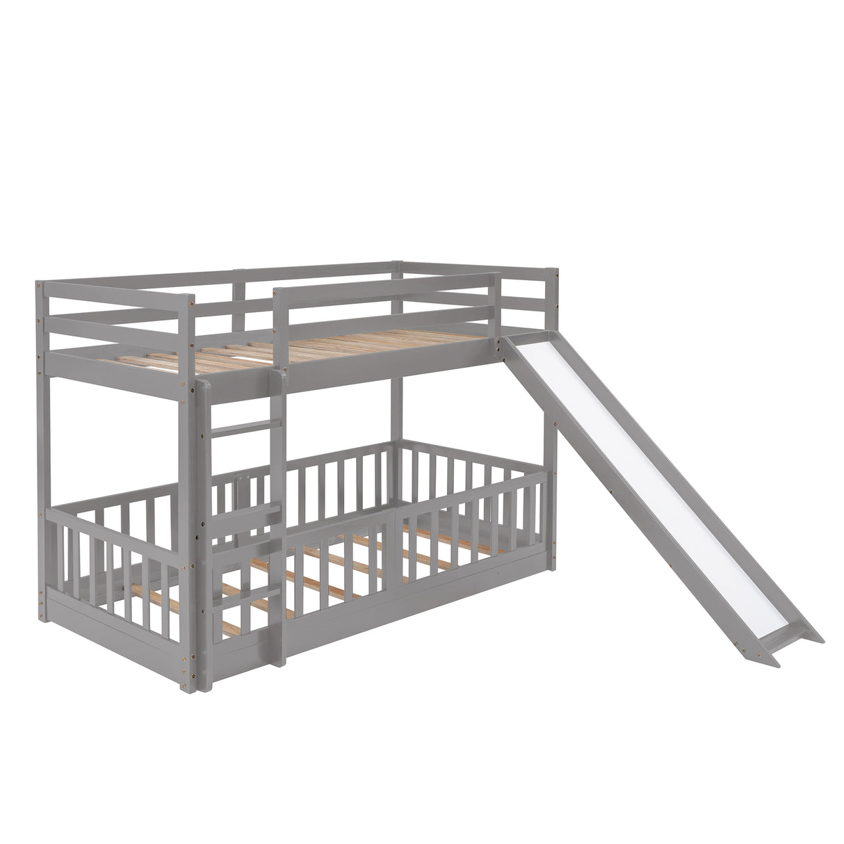 Twin Over Twin Bunk Bed with Slide and Ladder, Gray(Old SKU:LP000009AAE) - Home Elegance USA