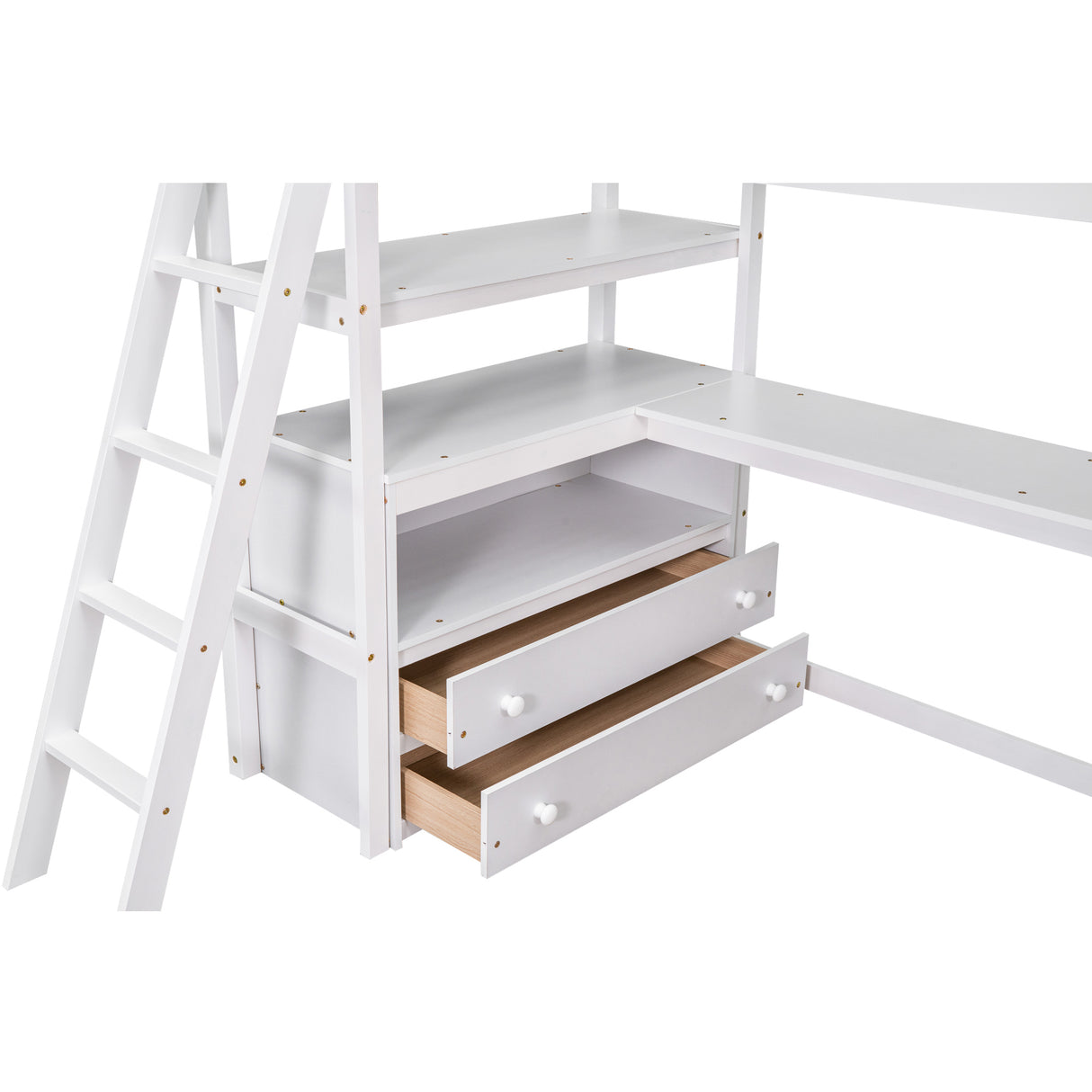Twin Size Loft Bed with Desk and Shelves, Two Built-in Drawers, White (old SKU: GX000803AAK-1) - Home Elegance USA