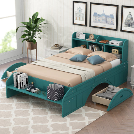 Wood Full Size Platform Bed with 2 Drawers, Storage Headboard and Footboard, Dark Green(Expected Arrival Time: 1.28) - Home Elegance USA