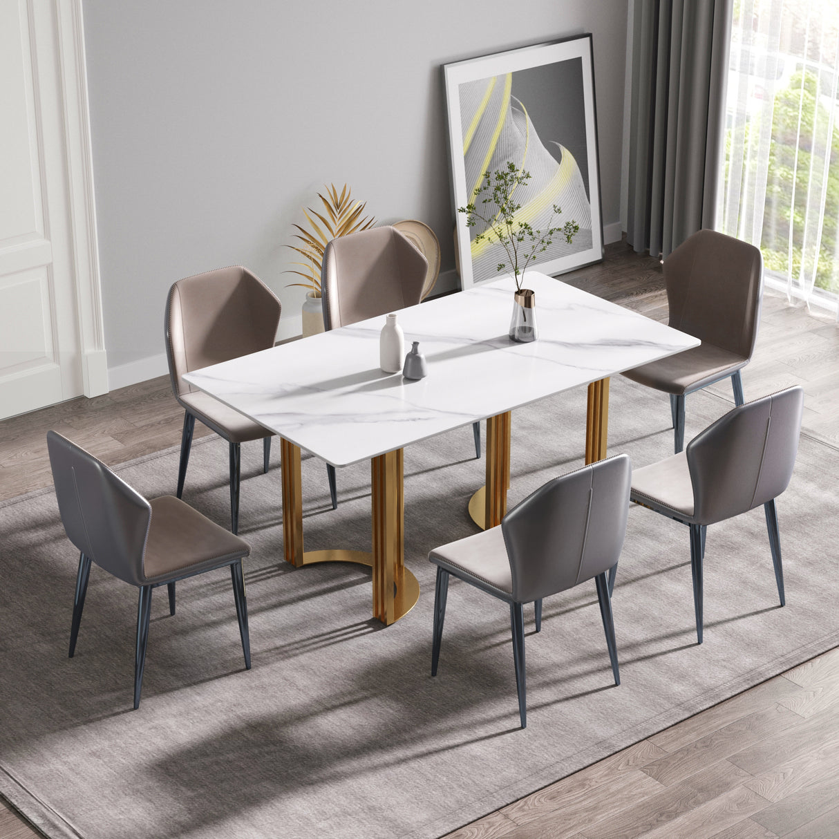 63"Modern artificial stone white straight edge golden metal leg dining table - 6 people | Home Elegance USA