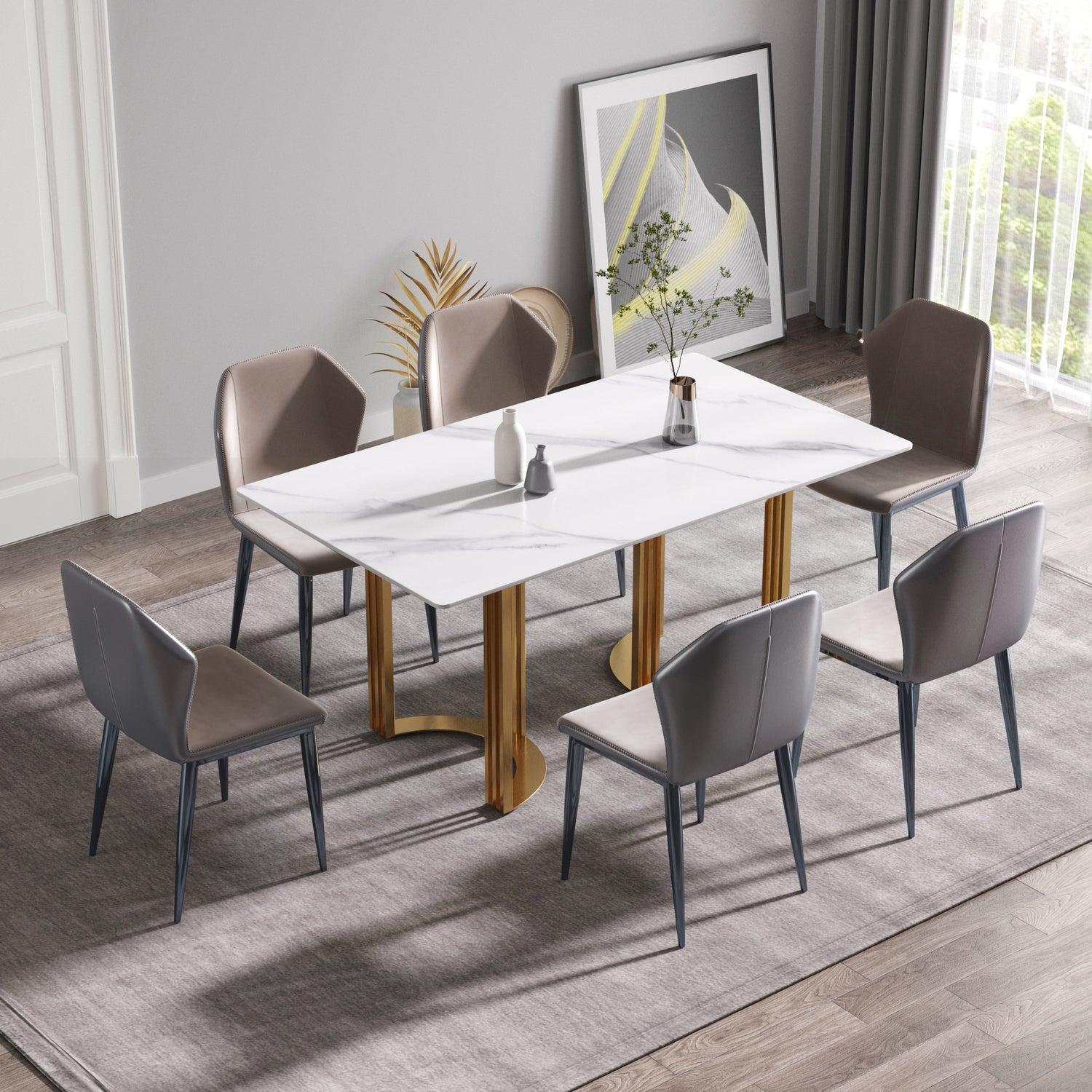 63"Modern artificial stone white straight edge golden metal leg dining table - 6 people | Home Elegance USA