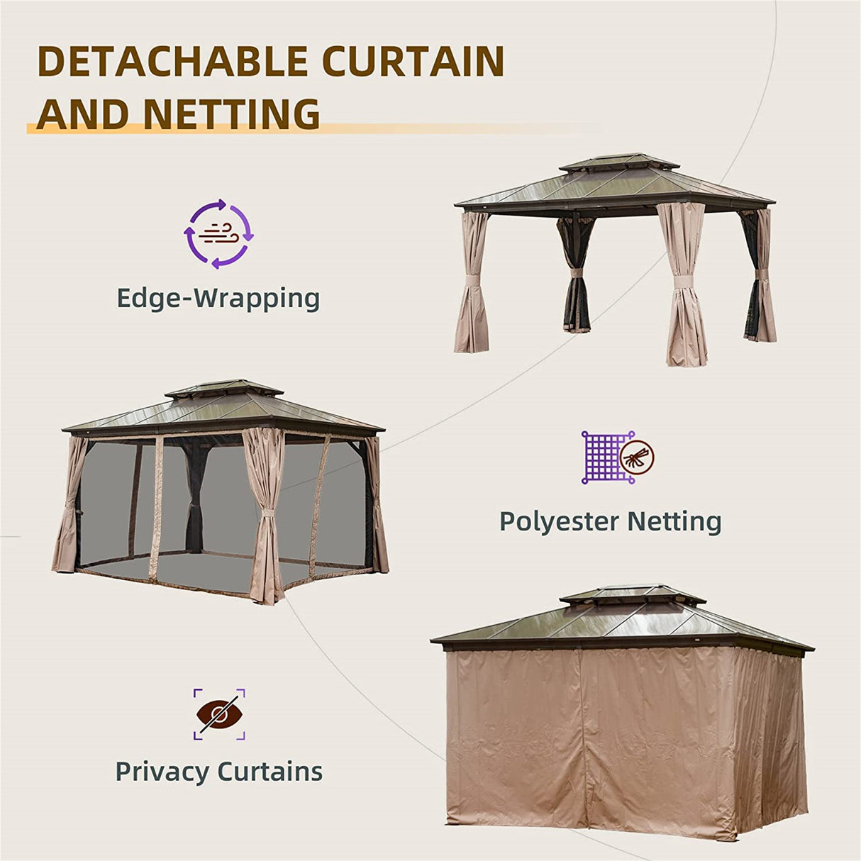Brown 10'x12' Hardtop Gazebo: Outdoor Pavilion with Polycarbonate Roof, Aluminum Frame, Curtain & Net - Perfect for Garden, Patio | Home Elegance USA