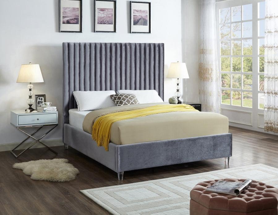 Candace Velvet Queen Bed In Grey - Candacegrey - Q | Meridian | Home Elegance USA