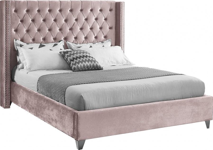 Aiden Velvet Queen Bed In Pink - Aidenpink - Q | Meridian | Home Elegance USA