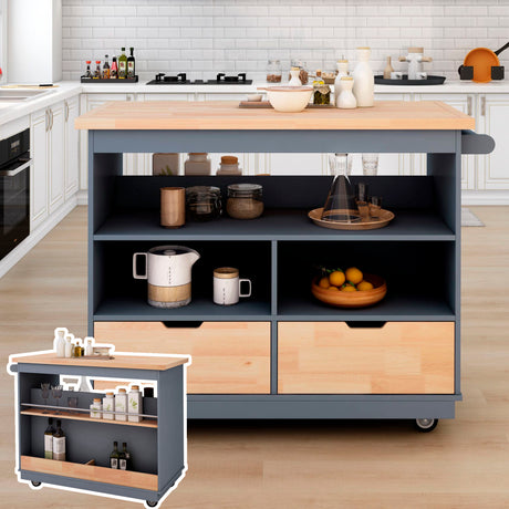 Kitchen Cart Rolling Mobile Kitchen Island Solid Wood Top, Kitchen Cart With 2 Drawers,Tableware Cabinet（Grey Blue） - Home Elegance USA