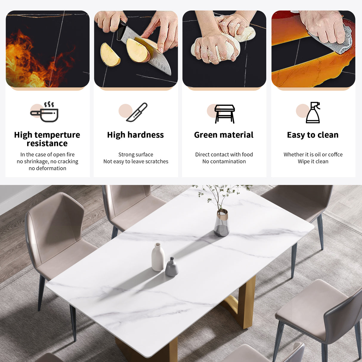 63"Modern artificial stone white straight edge golden metal leg dining table - 6 people | Home Elegance USA